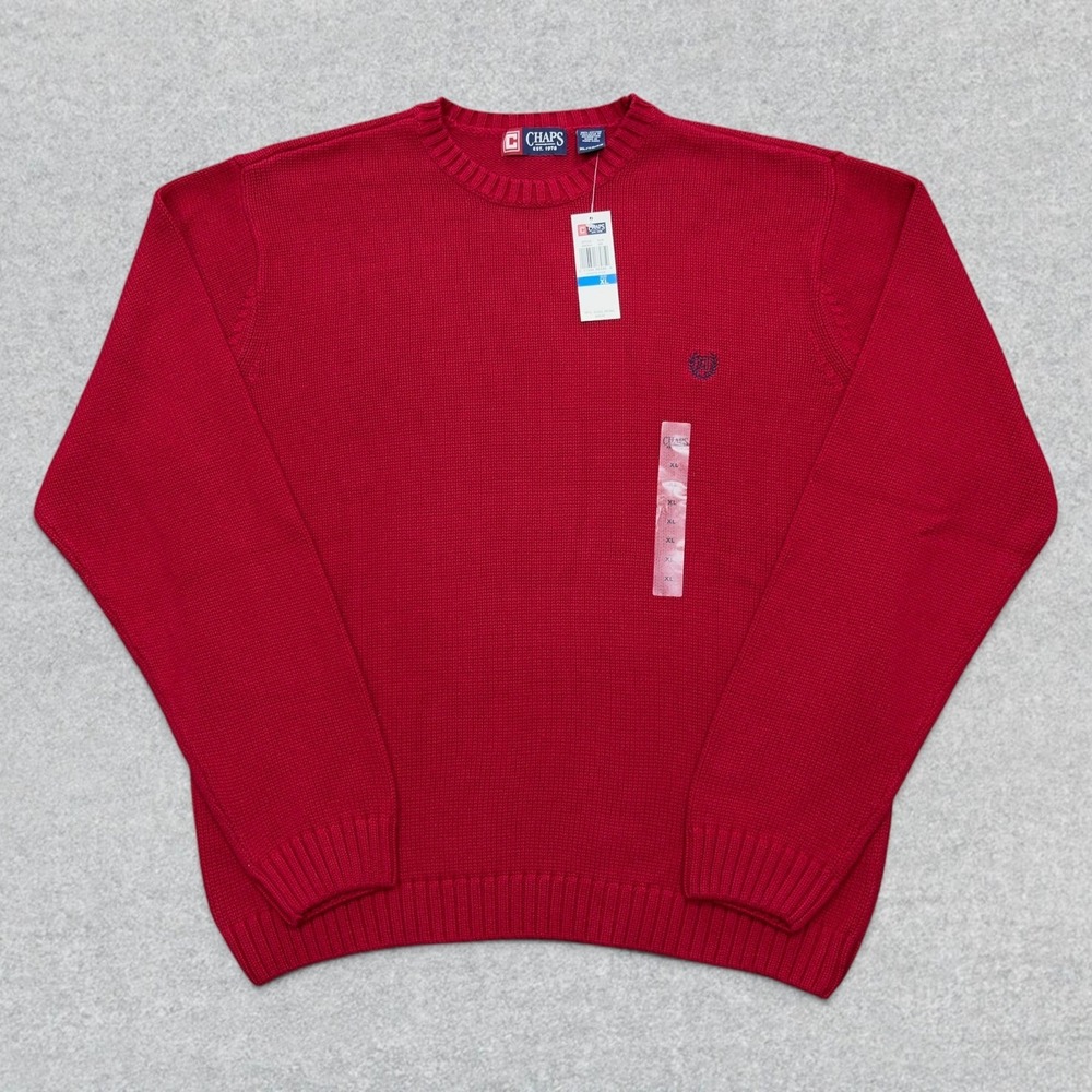 Chaps Sweater Mens XL Red Crewneck Knit Cotton Long Sleeve Pullover Logo NWT